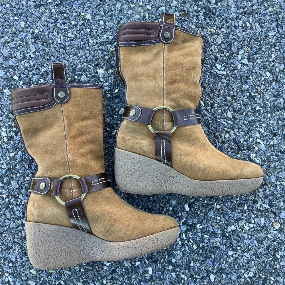 Cole Haan Suede Wedge Boots with Fur Lining and‎ Buckle Accent Women's Size 7B